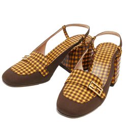 Giày Cao Gót Nữ Fendi Yellow/Brown Checkered Fabric Promenade Slingback Loafer Pumps Màu Nâu Vàng Size 36.5