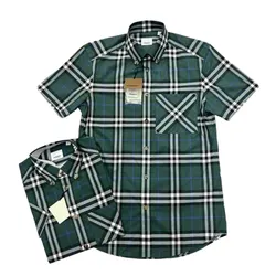 Áo Sơ Mi Cộc Tay Nam Burberry Poplin Check Shirt Màu Xanh Lá Size XS
