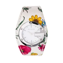 Đồng Hồ Nữ Gucci Bandeau Flora Flower Watch 104/YA104511 Màu Trắng Họa Tiết Hoa (Kèm Dây Da Đỏ)