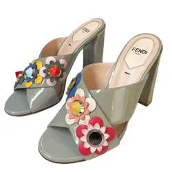 Dép Cao Gót Nữ Fendi Pre Loved Light Blue Flowerland Patent Leather Slip On Heels Màu Xanh Size 36