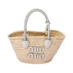 Túi Cói Xách Tay Nữ Miu Miu Logo-Appliqué Woven Bag Màu Be