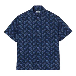 Áo Sơ Mi Cộc Tay Nam Lacoste Men's Short Sleeve Vintage Print Shirt CH5793 F65 Màu Xanh Navy Size 38
