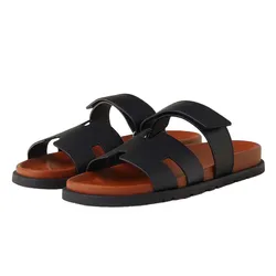 Dép Nam Hermès Chypre Sandal Noir / Naturel Màu Nâu Đen Size 39.5