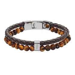 Vòng Đeo Tay Nam Fossil Tiger's Eye And Brown Leather Bracelet JF03118040 Màu Nâu