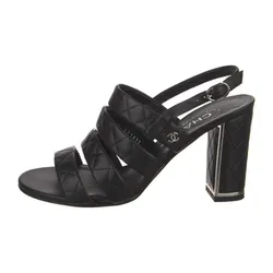 Dép Cao Gót Nữ Chanel Interlocking CC Logo Slingback Sandals Màu Đen Size 35.5