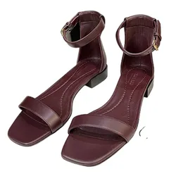 Dép Sandal Nữ Burberry Burgundy Leather Square Toe Ankle Strap Flat With Fixed Vamp Strap Màu Đỏ Đô Size 36.5