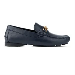 Giày Lười Nam Versace Leather With Gold Logo Hardware Màu Xanh Navy Size 40