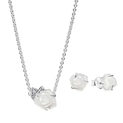 Set Dây Chuyền + Khuyên Tai Pandora White Rose in Bloom Jewelry Gift Set R800725 Màu Bạc