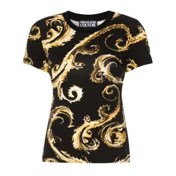 Áo Phông Nữ Versace Jeans Couture Black With Logo Printed 77HAH608JS409G89 Tshirt Màu Đen Vàng Size S
