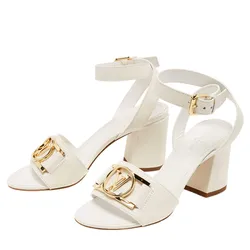 Dép Cao Gót Nữ Louis Vuitton LV White Leather Ankle Strap Sandals Màu Trắng Size 36.5