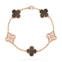 Vòng Đeo Tay Nữ Jewery Luxury Vintage Alhambra Bracelet 5 Motifs 18K Rose Gold Diamond Mother Of Pearl Màu Vàng Hồng