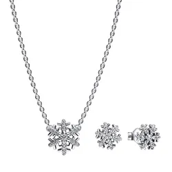 Set Dây Chuyền + Khuyên Tai Nữ Pandora Sparkling Snowflake Pendant Necklace And Earring Màu Bạc