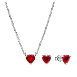 Set Dây Chuyền Và Khuyên Tai Nữ Pandora Sparkling Red Heart Jewelry Gift B802278-2 Màu Bạc Đỏ