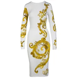 Váy Body Versace Jeans Couture Dress With Long Sleeves 76HAO9P8 JS346 G03 Slim Fit Màu Trắng Họa Tiết Size 38