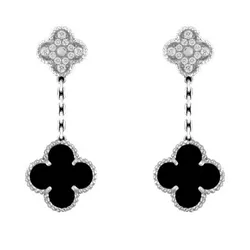 Khuyên Tai Nữ Jewery Luxury Clover Motifs Silver Diamond Onyx Earrings Màu Bạc
