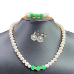 Set Vòng Cổ, Vòng Tay, Khuyên Tai Minh Hà Pearl Jewelry Ngọc Trai Phối Đá Màu Trắng Xanh Size 8mm