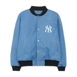 Áo Bomber MLB Cursive Logo Denim Jacket New York Yankees 3ADKR0134-50INS Màu Xanh Da Trời