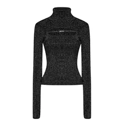 Áo Len Nữ Versace Jean Conture In Black With Lurex Ribbed Knit Turtleneck 77HAFM22CM60H899 Màu Đen Size XS