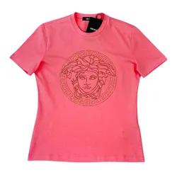 Áo Phông Nữ Versace In Pink With Logo Medusa Stone Studded 1010069 1A12980 2P190 Tshirt Màu Hồng Size 38