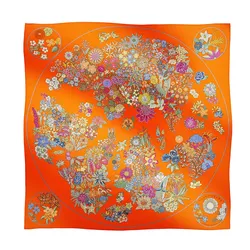 Khăn Choàng Lụa Nữ Hermès Planifleurs Scarf 90 Orange / Vert / Fuchsia Màu Cam