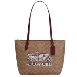 Túi Tote Nữ Coach Fiona Zip In Signature Canvas With Horse And Carriage Print Tote Bag CX587 Màu Nâu   