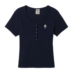 Áo Phông Nữ WHOAU Steve Ribbed Henry WHRAF2452F Tshirt Màu Xanh Navy