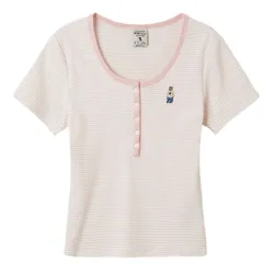 Áo Phông Nữ WHOAU Steve Ribbed Henry WHRAF2452F Tshirt Màu Hồng