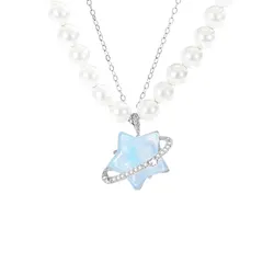 Dây Chuyền Nữ Lili Jewelry Đính Đá CZ, Ngọc Trai Ngôi Sao May Mắn Kori LILI_105594 Màu Xanh Bạc