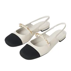 Giày Búp Bê Nữ Charles & Keith CNK Rio Beaded Chain Link Slingback Flats Chalk CK1-70900382-2 Màu Trắng Đen Size 36