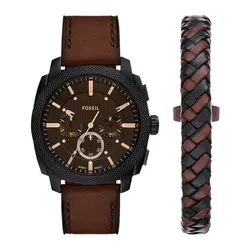 Set Đồng Hồ + Vòng Đeo Tay Nam Fossil Machine Chronograph Brown Leather Watch and Bracelet Set FS6102SET Màu Nâu