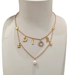 Dây Chuyền Nữ Dior Necklace In Double Chain Gold Finish Metal With A White N2879WOMCY D03S Màu Vàng