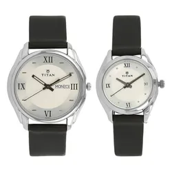 Đồng Hồ Đôi Titan Analog With Day And Date Silver Dial Leather Strap Watch 15782489SL03 Màu Đen - Bạc
