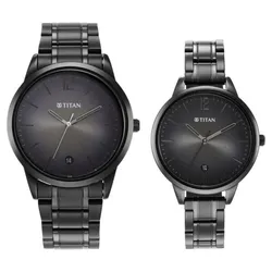 Đồng Hồ Đôi Titan Bandhan Anthracite Dial Analog With Date Stainless Steel Strap Watch 18062617NM01 Màu Đen