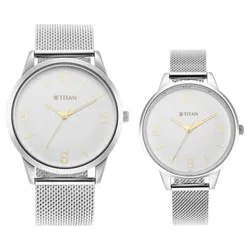 Đồng Hồ Đôi Titan Quartz Analog White Dial Stainless Steel Strap Watch 18062648SM01 Màu Bạc