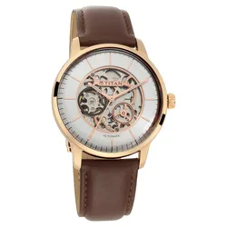 Đồng Hồ Nam Titan Automatic Silver Dial Brown Leather Strap Watch 90110WL03 Màu Nâu Vàng