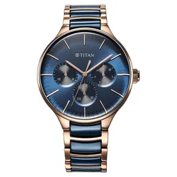 Đồng Hồ Nam Titan Ceramic Fusion Quartz Multifunction Blue Dial With Two Toned Color Stainless Steel 90148KD04 Màu Xanh