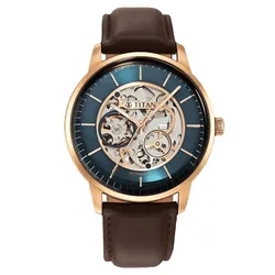 Đồng Hồ Nam Titan Men's Skeletal Analog 90110WL04 Watch Màu Nâu Xanh