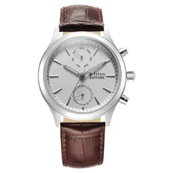 Đồng Hồ Nam Titan Sapphire Multifunction Quartz Analog With Day And Date White Dial Leather 1874SL03 Màu Nâu Bạc