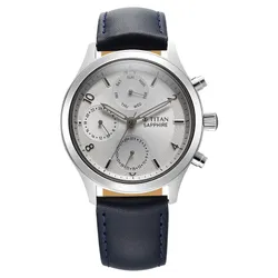 Đồng Hồ Nam Titan Sapphire Quartz Multifunction Silver Dial Leather Strap Watch 1874SL04 Màu Xanh Bạc