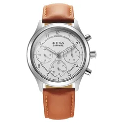Đồng Hồ Nam Titan Sapphire Quartz Multifunction White Dial Leather Strap Watch 1874SL05 Màu Nâu Bạc