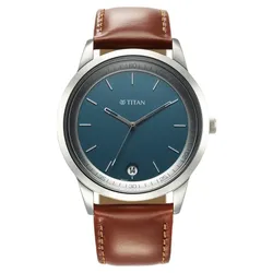 Đồng Hồ Nam Titan Wrist Wit Quartz Analog With Date Blue Dial Leather 1806SL12 Màu Nâu Bạc