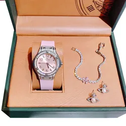 Set Đồng Hồ Nữ FL Franklin Quartz Watch Màu Bạc Hồng (Kèm Khuyên Tai + Dây Chuyền)