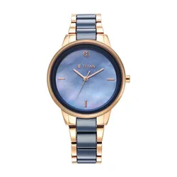 Đồng Hồ Nữ Titan Purple Ceramics Blue Dial Analog Watch 95213KD03 Màu Xanh Vàng Hồng
