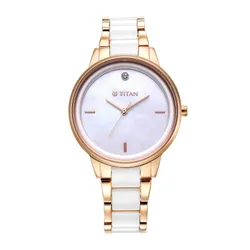 Đồng Hồ Nữ Titan Purple Ceramics Mother Of Pearl Watch 95213KD01 Màu Trắng Vàng Hồng
