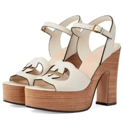 Giày Cao Gót Nữ Gucci Interlocking GG Leather Cream Sandals 730022 US000 9022 Màu Trắng Nâu Size 35