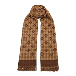 Khăn Choàng Gucci Scarf Cotton Jacquard Brown GG Pattern Clover 662446 Màu Nâu