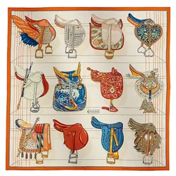 Khăn Nữ Hermès Tous En Selle Scarf 90 Orange Cuit /Crème /Bleu Màu Kem Cam