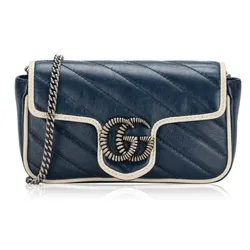 Túi Đeo Chéo Nữ Gucci Vintage Effect Calfskin GG Marmont Matelasse Diagonal Super Mini Shoulder Bag Blue Agate Màu Xanh