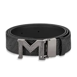 Thắt Lưng Nam Montblanc M Buckle Embossed Plain Black Reversible 3.5cm Leather Belt MB129447 Màu Đen