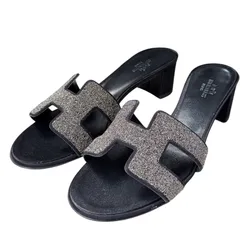 Dép Cao Gót Nữ Hermès Summer Heels Leather Sheepskin Sandals Màu Đen Xám Size 37